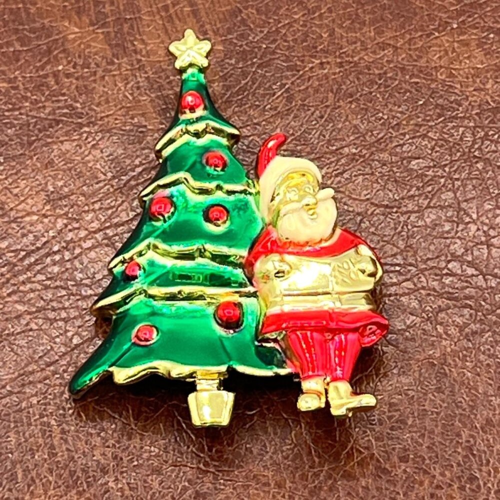 Vintage AJC Santa and Christmas Tree Enamel Pin Brooch Festive Holiday Gift 2"